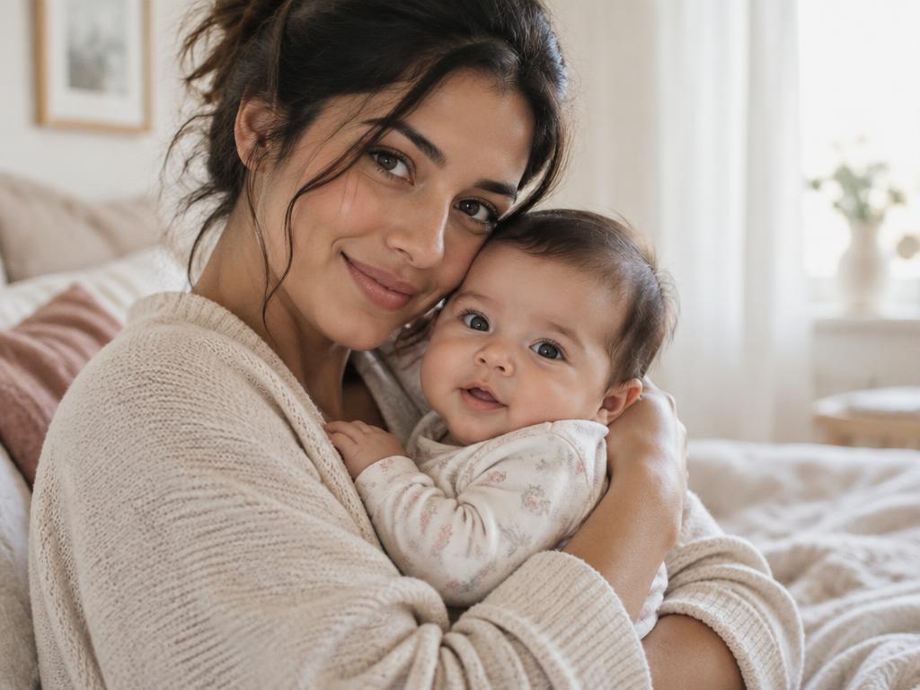 Mãe acolhendo um bebê pequeno no colo