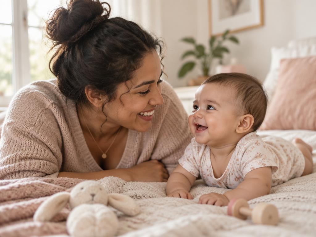 Mãe interagindo com seu bebê em um momento de descoberta
