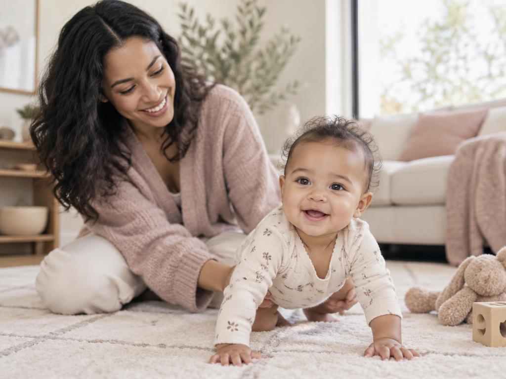 Bebê engatinhando enquanto interage com a mãe