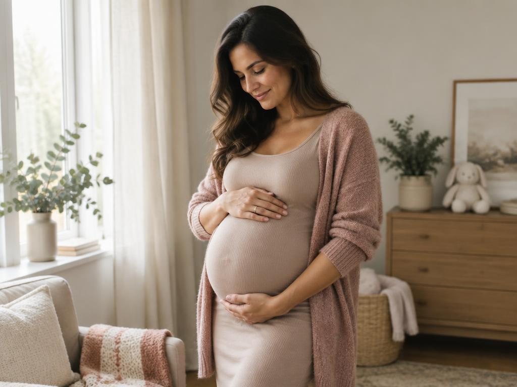 Gestante tocando a barriga em um ambiente acolhedor